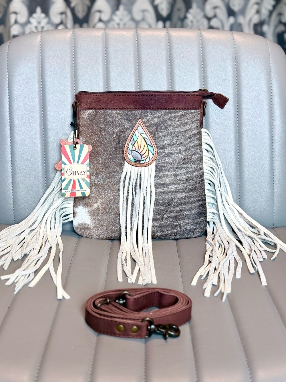 American Darling Large O’HLAY Fringe Sunflower Tooled Leather Bag Hair on Hide